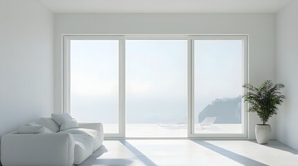 A sliding patio door with large glass panes and a minimalist white setting.