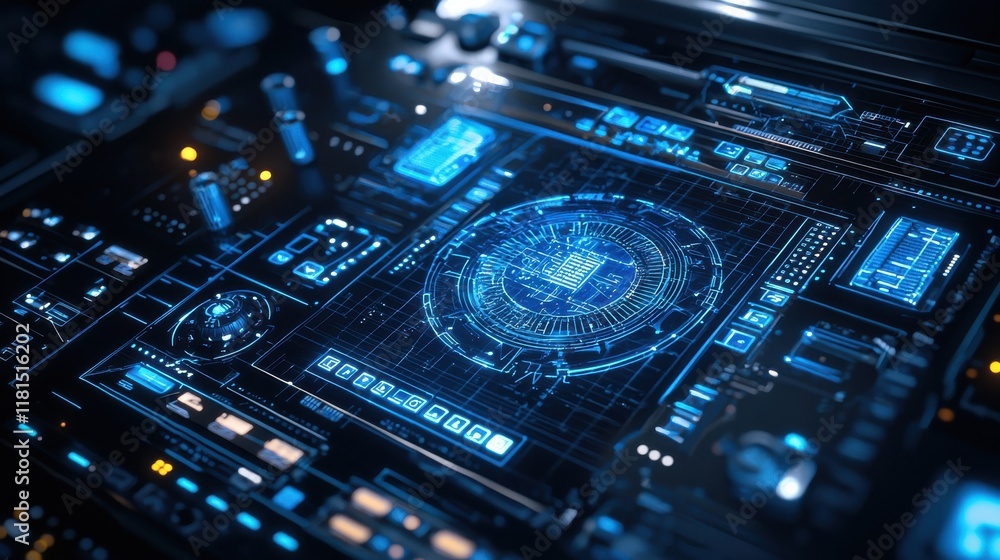 Aufkleber futuristic dj console experience nightclub digital art high-tech environment close-up view holograph