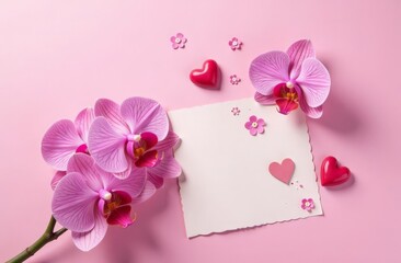 Festive Valentine's Day layout concept with homemade chocolate hearts, orchid, white sheet template with love elements and free space for text on light pink background vertically