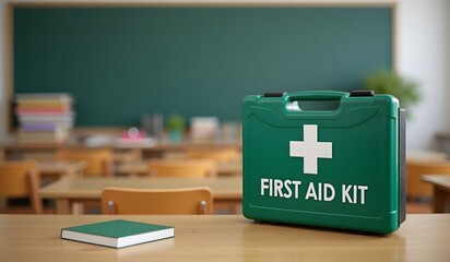 Green first aid kit on desk in classroom setting