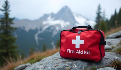 Red first aid kit on rocky mountain landscape