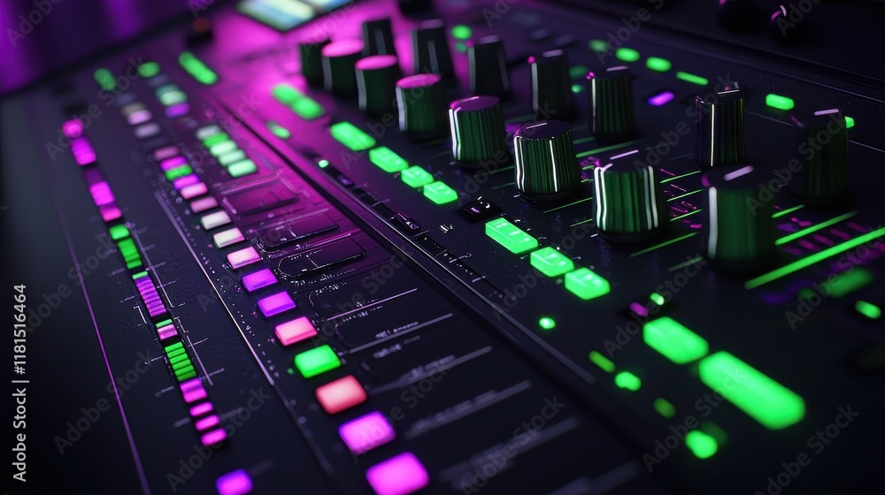 Poster Dynamic mixing session in a studio setting close-up of glowing knobs and sliders on a professional mixer