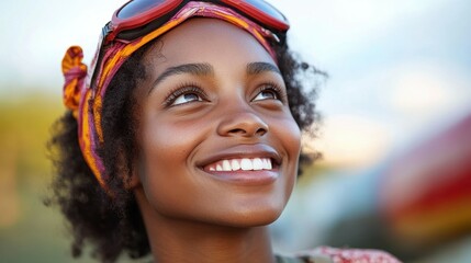 Fototapeta premium A woman with a colorful headband and sunglasses is smiling. She has a bright, happy expression on her face