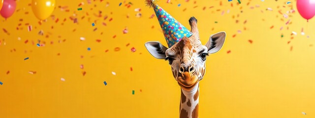 Happy giraffe celebrating birthday in a festive hat against a background of confetti