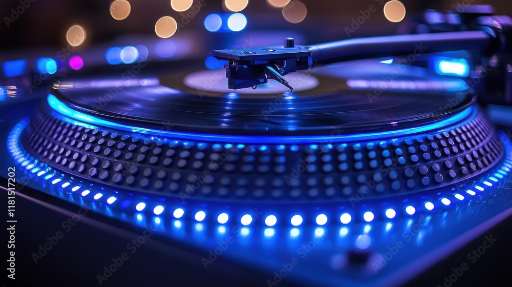 Poster dynamic close-up of a spinning turntable platter studio setup high-resolution photography ambient li