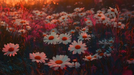 Beautiful floral background. Fresh chamomile field. Beauty of spring nature