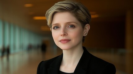 Naklejka premium A woman in a black suit and a blonde bob. She is smiling and looking at the camera