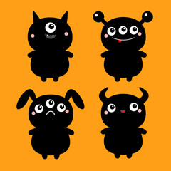 Cute monster set icon. Happy Halloween. Kawaii cartoon funny baby character. Black silhouette. Horns, fang teeth, eyes. Sticker print. Childish style. Flat design. Orange background. Vector