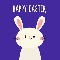 Happy Easter. Cute white rabbit bunny hare silhouette icon. Smiling face head. Pink cheeks. Kawaii cartoon funny baby character. Valentines Day. Greeting card. Blue background. Flat design. Vector