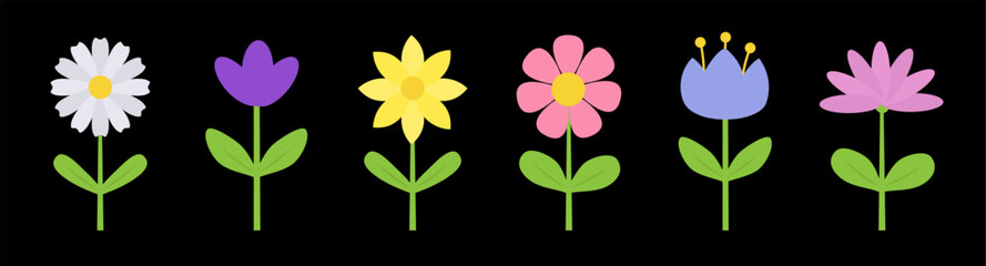 Spring flower set line. Colorful flowers on a stem. Daisy chamomile, cornflower, sun flower, chrysanthemum. Fresh and blooming elements. Growing concept. Flat design. Isolated. Black background Vector