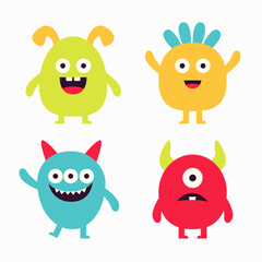 Happy Halloween. Cute monster set. Cartoon kawaii funny boo baby character. Colorful silhouette monsters. Different face. Eyes, teeth horns, hands. Flat design. Childish style. White background Vector