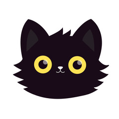 Cute cat. Kawaii face head icon. Kitten with yellow eyes. Black silhouette. Funny pet animal. Cartoon funny character. Childish style. Happy Halloween. Flat design. Isolated. White background. Vector
