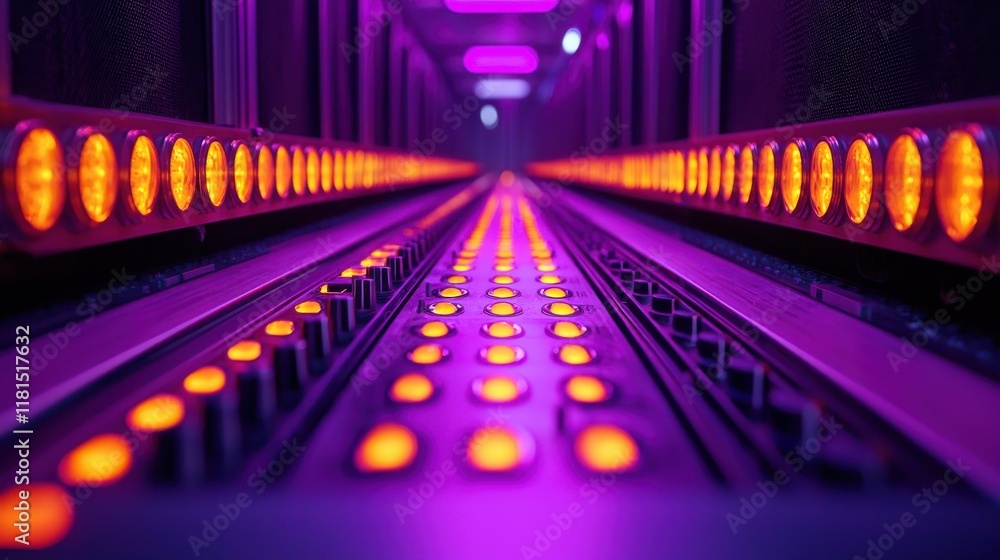 Poster Illuminated crossfader slider in a vibrant sound studio close-up view electronic music environment focused perspective