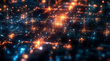 Fototapeta premium A computer generated image of a cityscape with bright lights and a blue sky. Concept of excitement and energy, as if the city is always bustling with activity