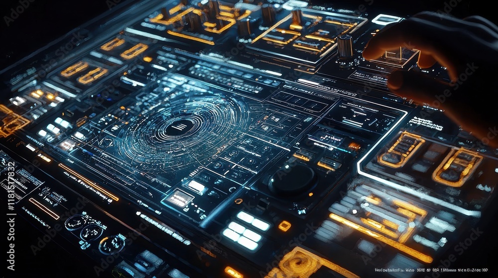Poster dynamic dj performance nightclub digital media futuristic environment close-up view mixing tracks wi