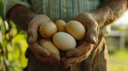 farmer holding chicken eggs in chicken organic farm, farm.