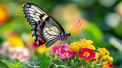 Obraz premium Butterflies on spring flowers under sunlight. Beautiful landscape.