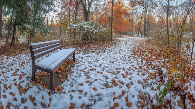 初雪に包まれた公園のベンチと静かな小道