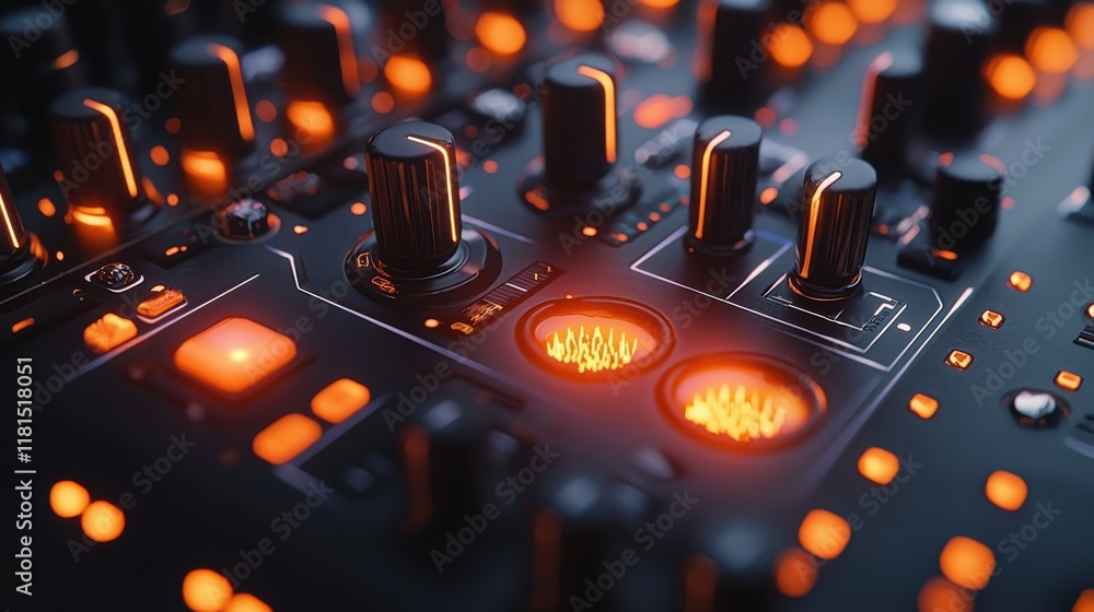 Poster Activating a glowing bpm sync button on a futuri standard mixer digital studio close-up view technology concept