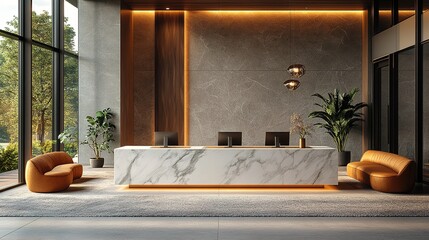 minimalist modern office front desk, sleek clean lines, white marble countertop with wooden accents, neutral tones, elegant reception area with contemporary furniture
