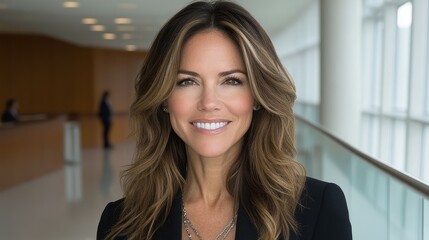 Fototapeta premium A woman with long brown hair is smiling and wearing a black suit. She is standing in a hallway with a glass railing