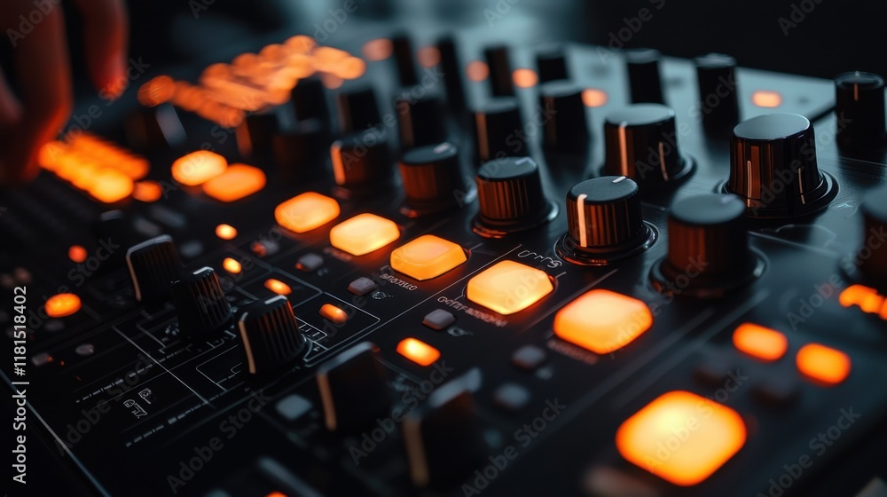 Poster dynamic dj performance glowing led pad on a dj controller nightclub digital music equipment intimate