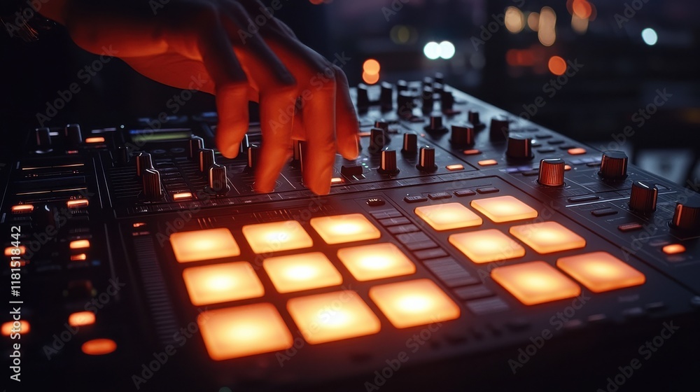 Poster energetic dj performance with glowing led pads on controller in nightclub environment focused close-