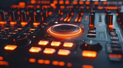 Illuminated bpm sync button activation futuri standard mixer digital interface dj equipment close-up view technological innovation