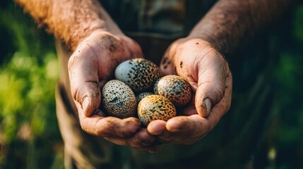 farmer holding quail eggs and quail.