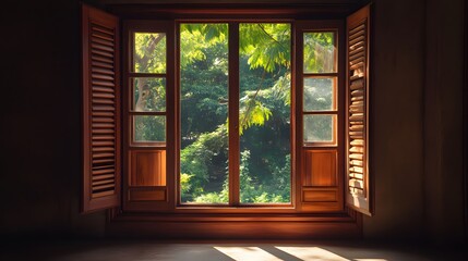 Fototapeta premium A large wooden window with open shutters, letting in soft natural light.