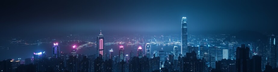 Fototapeta premium Majestic night view of city skyline illuminated in blue and pink lights