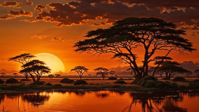 A sunset over a savanna with a large tree in the foreground. The sky is orange and the sun is setting