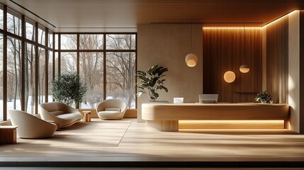Scandinavian-inspired front desk and waiting area, light wood furniture with minimalist design, clean lines and soft neutral colors
