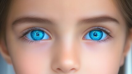 A girl with blue eyes. The eyes are open and the girl is looking at the camera. The eyes are large and bright blue