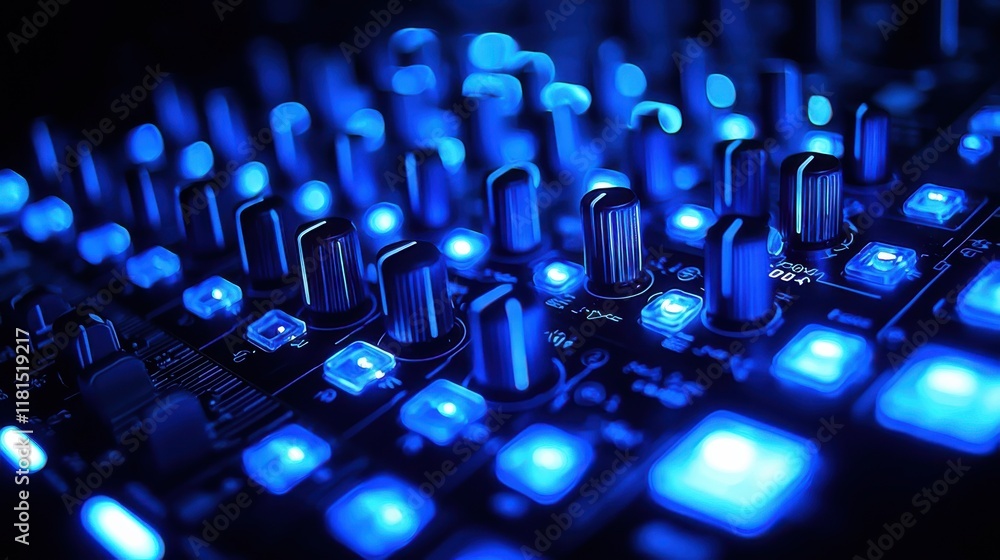 Poster Captivating macro shot of a dj controller knob in a studio setting highlighting intricate details