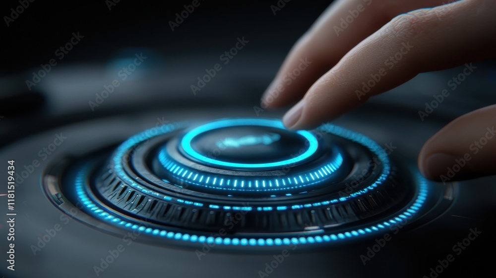 Poster Dj performance macro shot hand turning knob with glowing indicator in a nightclub setting close-up perspective vibrant atmosphere