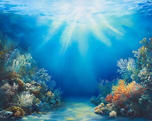 Naklejka premium Serene underwater scene. Sunbeams illuminate vibrant coral reef, fish, and ocean floor. Ideal for marine, nature, or travel themes.