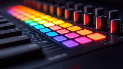 Dynamic macro shot of a glowing equalizer bar on a dj console in a vibrant club environment