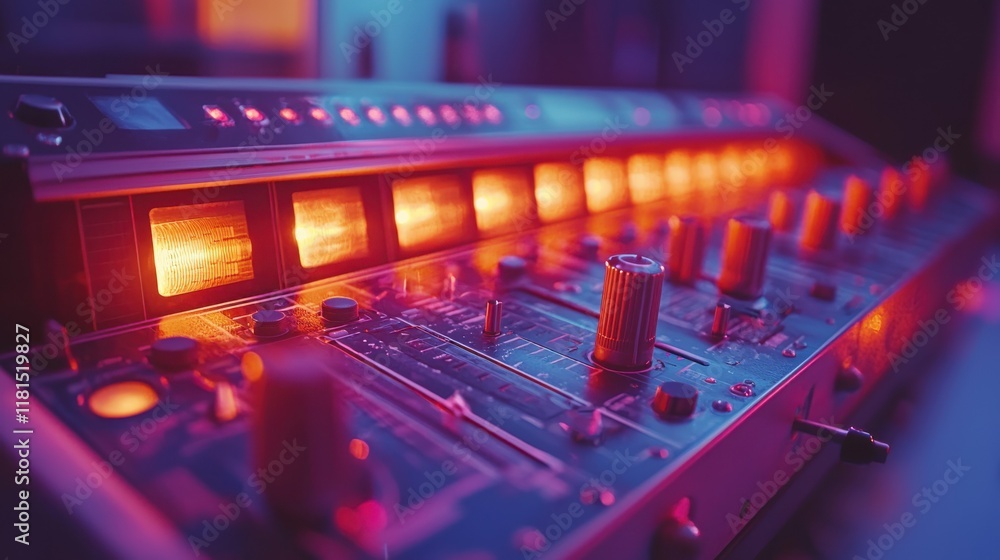 Aufkleber adjusting the glowing crossfader slider music studio macro shot neon environment close-up view captu