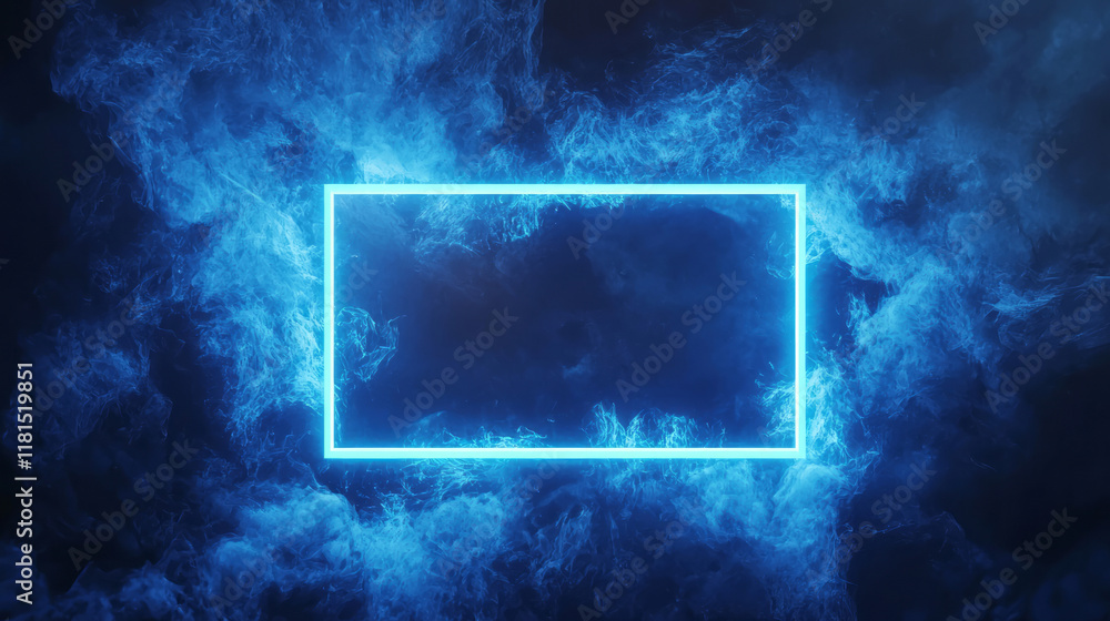 Poster abstract background with glowing neon blue rectangular frame and smoky texture