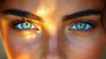 Fototapeta premium A woman with blue eyes and brown hair. The eyes are open and the sun is shining on them