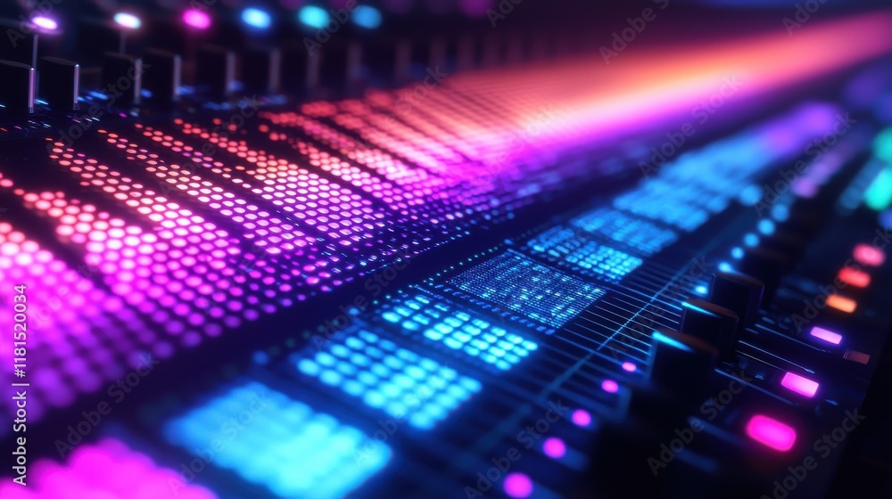 Poster dynamic equalizer bar glowing on dj console nightclub macro shot vibrant environment close-up view m
