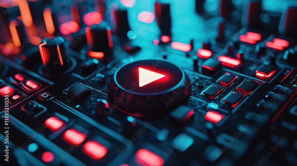 Poster futuristic glow of a play button digital sound mixer macro photography tech environment close-up vie