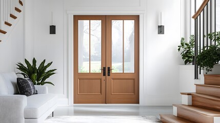 A door with two glass panels, framed with wood, in a bright white room.