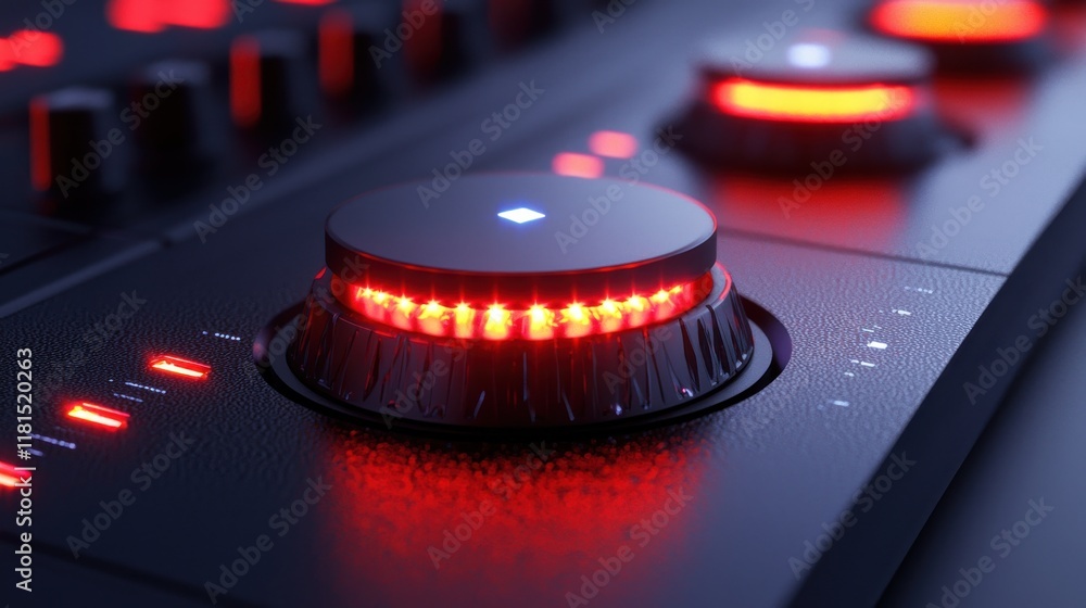 Aufkleber futuristic glowing play button macro shot on d standard mixer digital music studio close-up high-tec