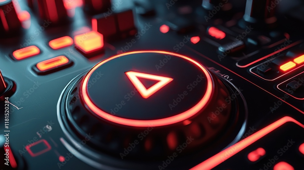 Fototapete Dynamic macro shot of a glowing play button futuristic d standard digital media neon environment close-up viewpoint engaging concept