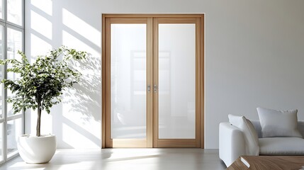 A door with two glass panels, framed with wood, in a bright white room.