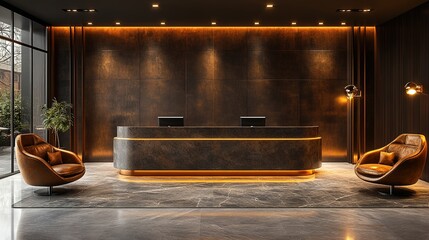 modern European style front desk and waiting area, elegant dark wood with sleek glass accents, luxurious chairs with soft velvet fabric