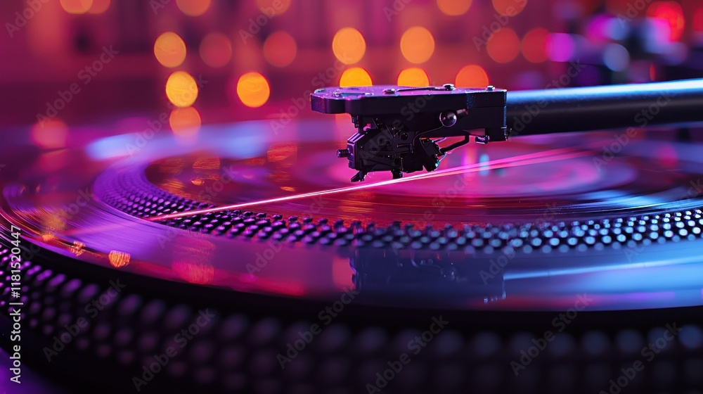 Poster dynamic macro shot of a spinning turntable platter with laser tracking music studio photography vibr