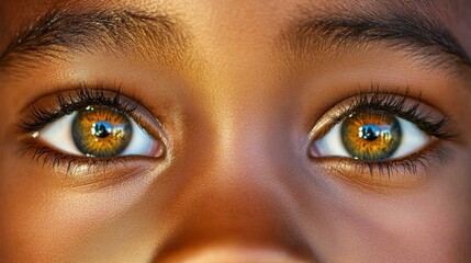 Naklejka premium A young black woman with brown eyes. The eyes are brown and have a greenish tint. The woman's face is bare of makeup